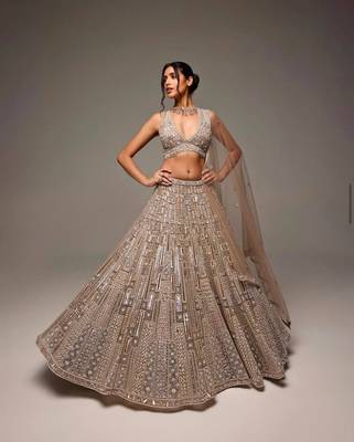 golden net embroidered lehenga choli 1