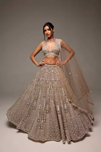 golden net embroidered lehenga choli