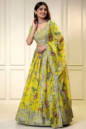 yellow organza embroidered lehenga choli