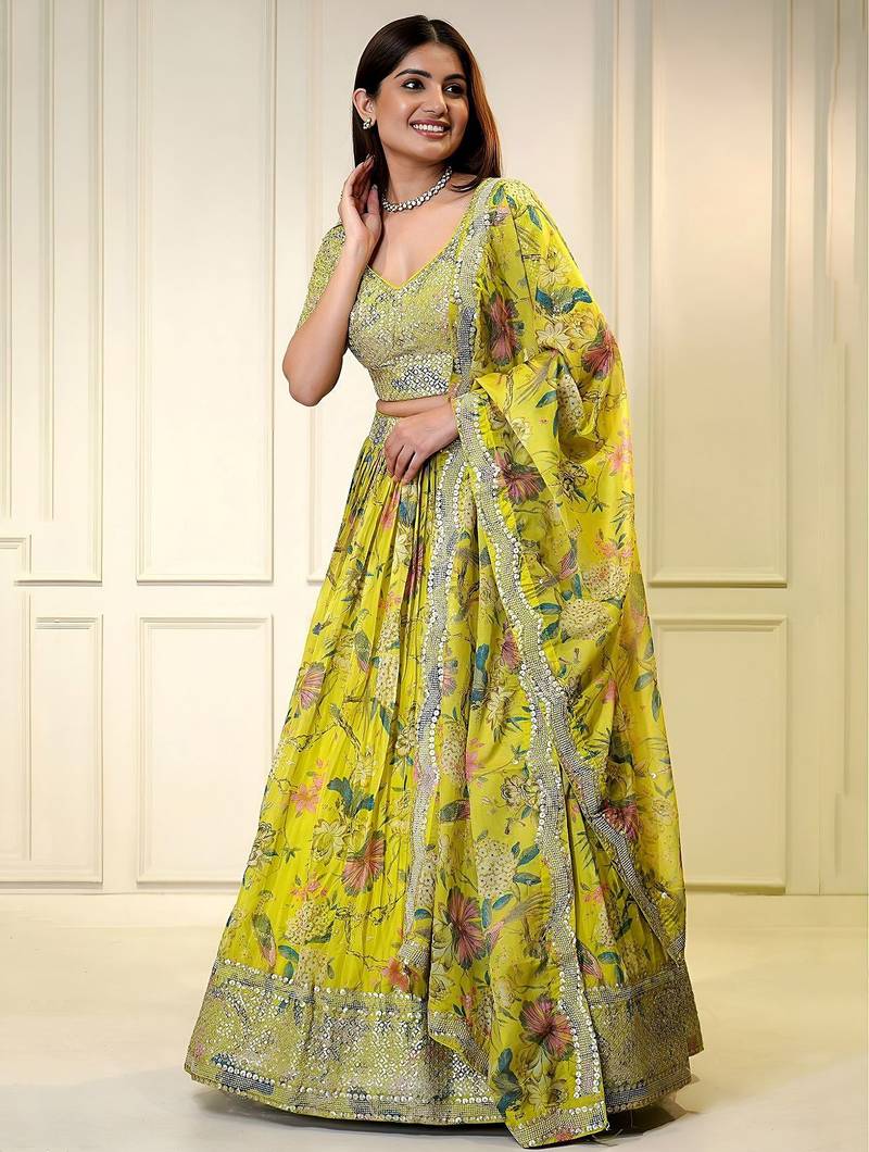 yellow organza embroidered lehenga choli