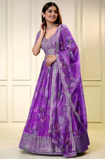 purple organza embroidered lehenga choli