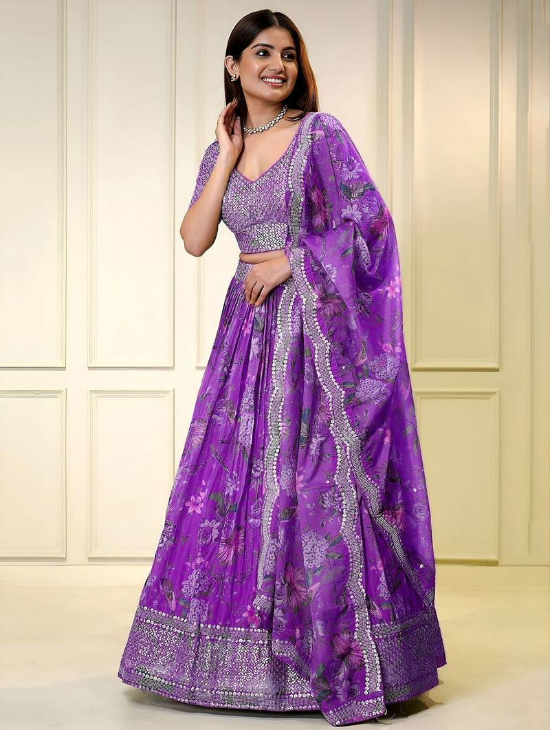 purple organza embroidered lehenga choli