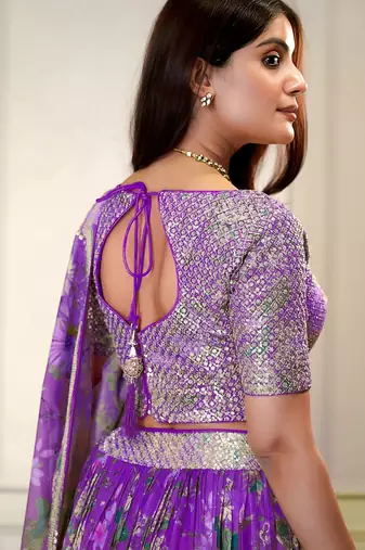 purple organza embroidered lehenga choli