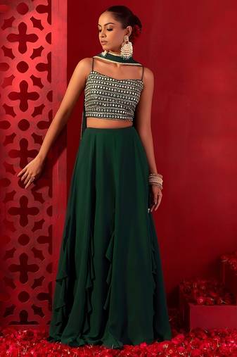 green georgette embroidered lehenga choli