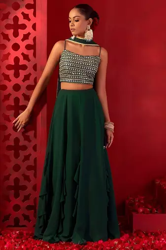 green georgette embroidered lehenga choli