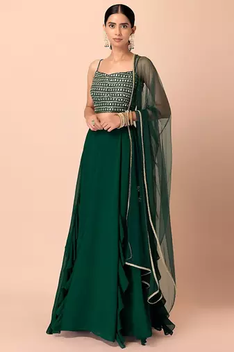 green georgette embroidered lehenga choli
