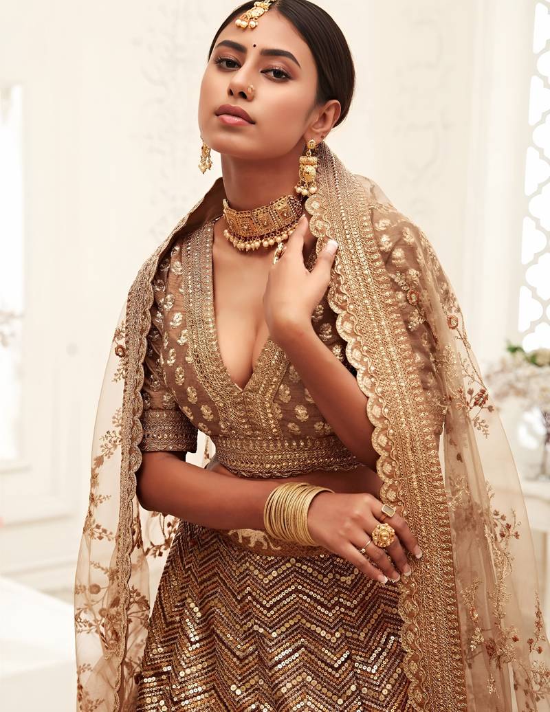 champagne silk blend embroidered lehenga choli