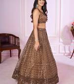 brown net embroidered lehenga choli