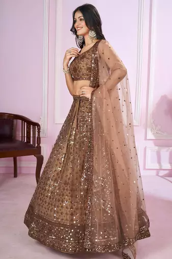 brown net embroidered lehenga choli