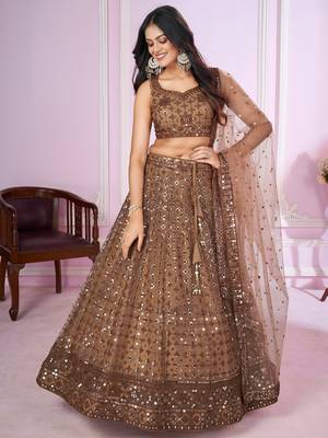 brown net embroidered lehenga choli 3