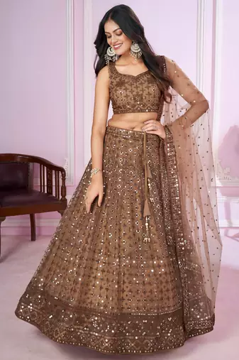 brown net embroidered lehenga choli