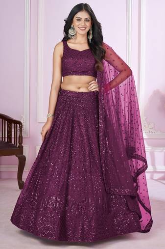 purple net embroidered lehenga choli