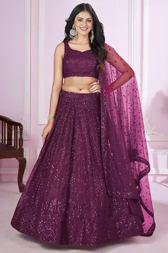 purple net embroidered lehenga choli