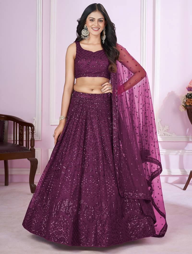 purple net embroidered lehenga choli