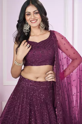 purple net embroidered lehenga choli