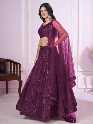 purple net embroidered lehenga choli 3