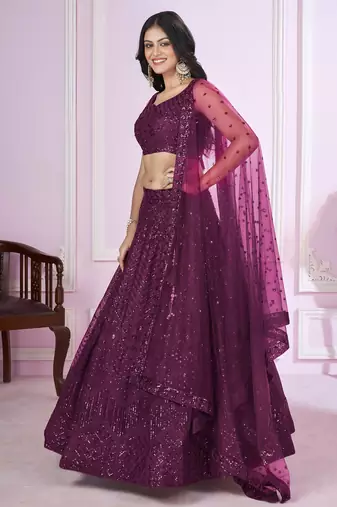 purple net embroidered lehenga choli