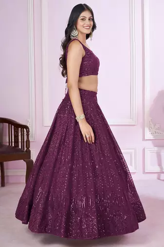 purple net embroidered lehenga choli