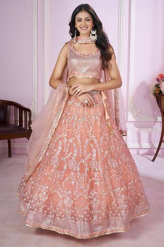 peach net embroidered lehenga choli