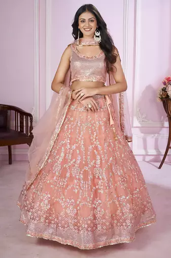 peach net embroidered lehenga choli