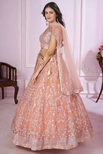 peach net embroidered lehenga choli