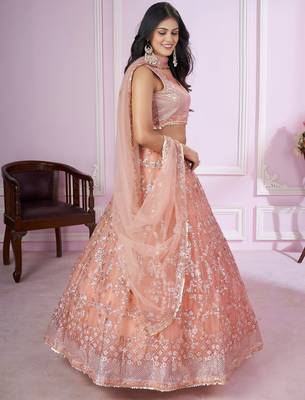 peach net embroidered lehenga choli 3