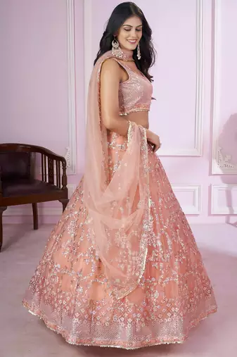 peach net embroidered lehenga choli