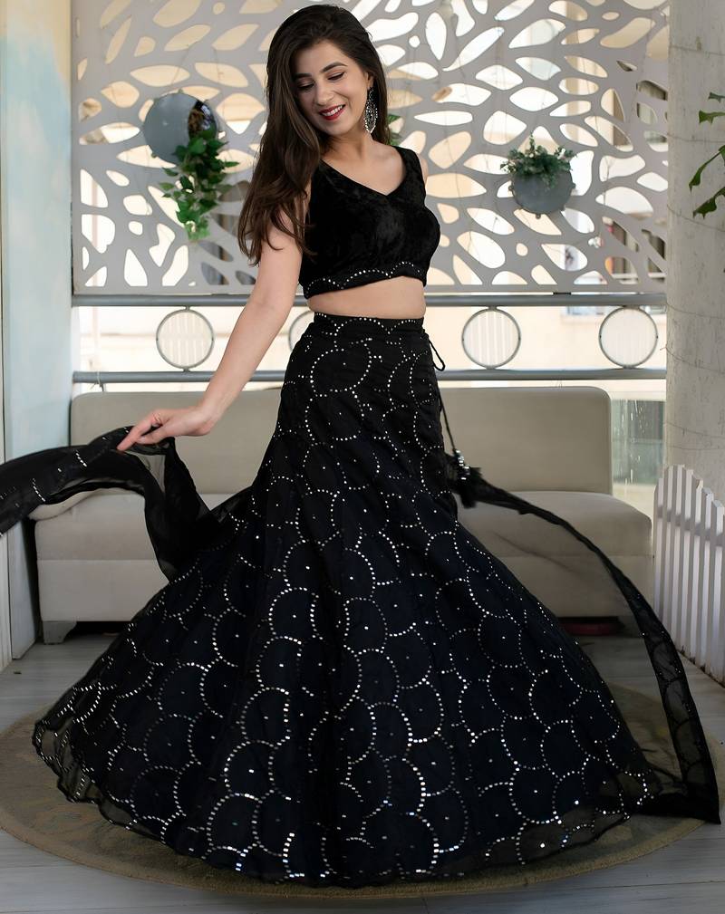 black organza embroidered lehenga choli