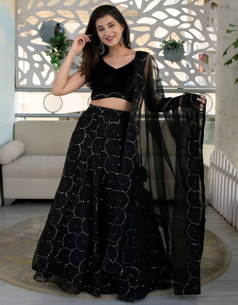 black organza embroidered lehenga choli