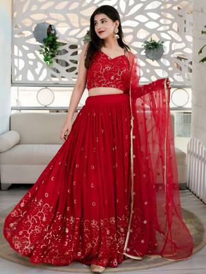red georgette embroidered lehenga choli 1