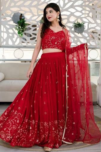 red georgette embroidered lehenga choli