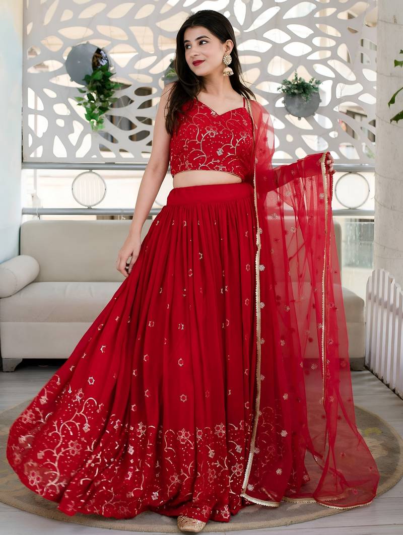 red georgette embroidered lehenga choli