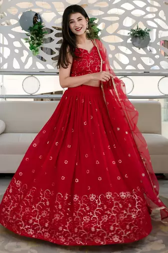 red georgette embroidered lehenga choli