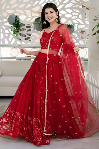 red georgette embroidered lehenga choli