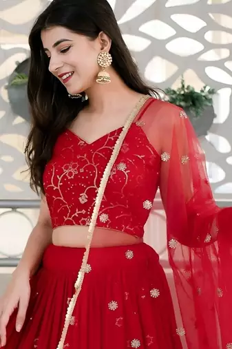 red georgette embroidered lehenga choli