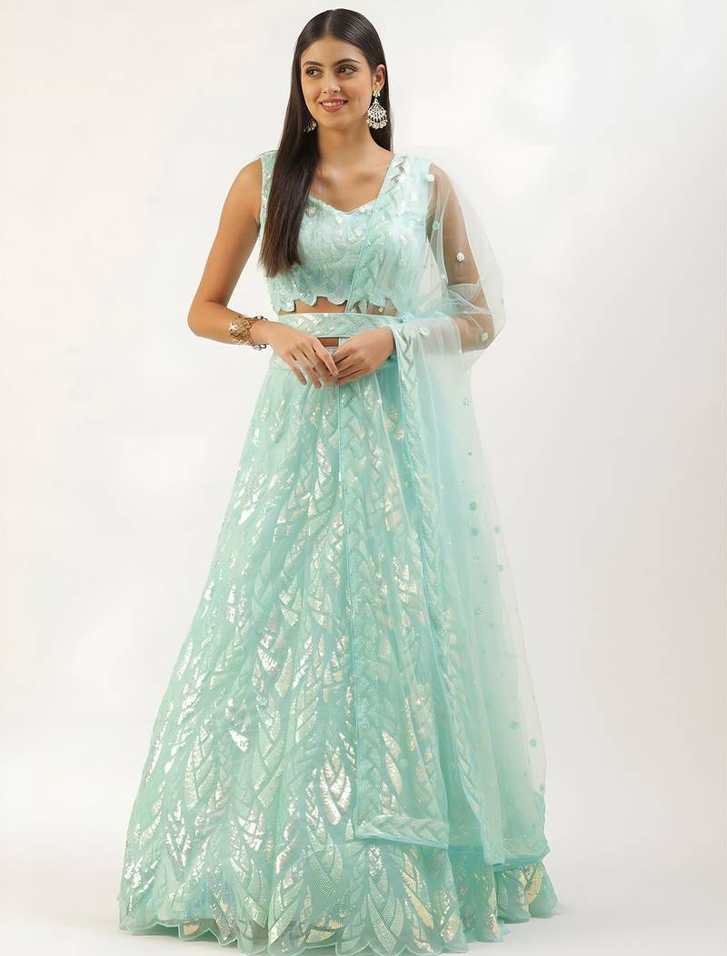 sea green net embroidered lehenga choli