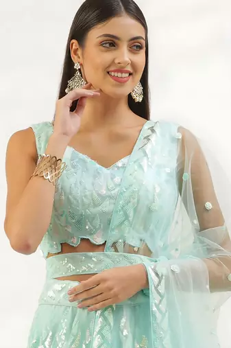 sea green net embroidered lehenga choli