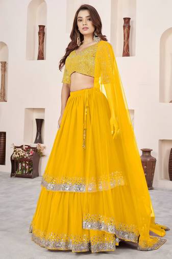 yellow georgette embroidered lehenga choli