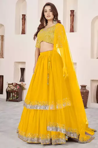 yellow georgette embroidered lehenga choli