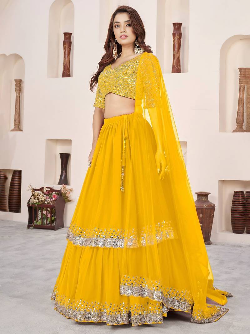 yellow georgette embroidered lehenga choli