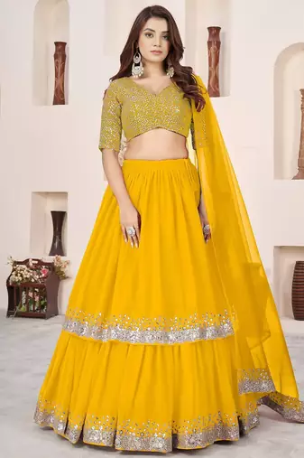 yellow georgette embroidered lehenga choli