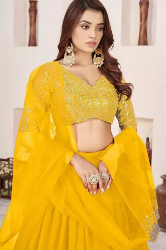 yellow georgette embroidered lehenga choli
