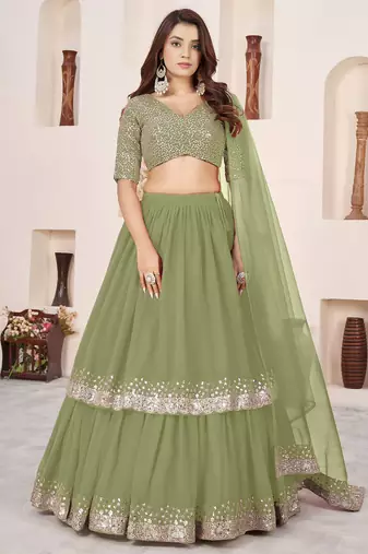 olive georgette embroidered lehenga choli