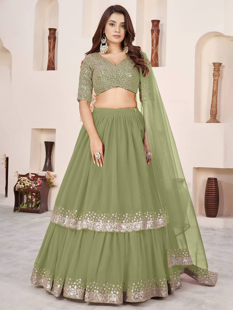 olive georgette embroidered lehenga choli