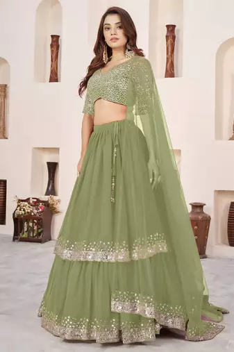 olive georgette embroidered lehenga choli
