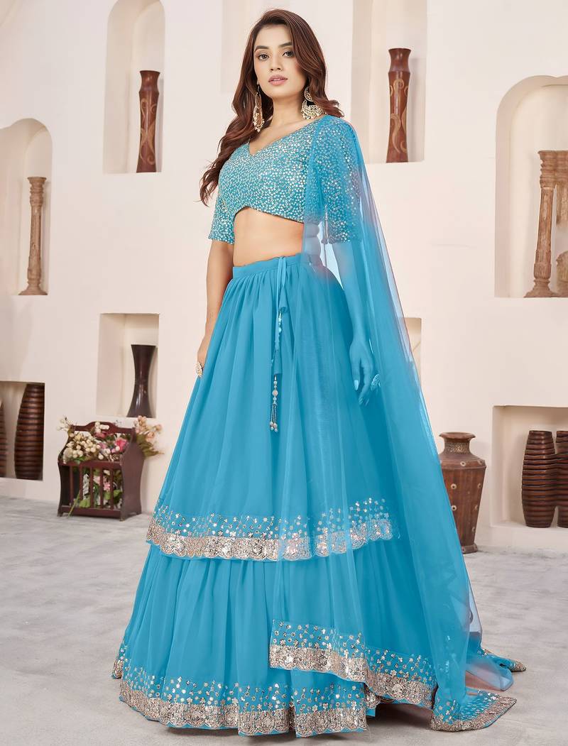 sky blue georgette embroidered lehenga choli