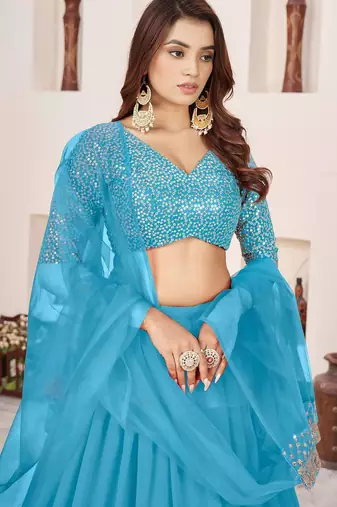 sky blue georgette embroidered lehenga choli