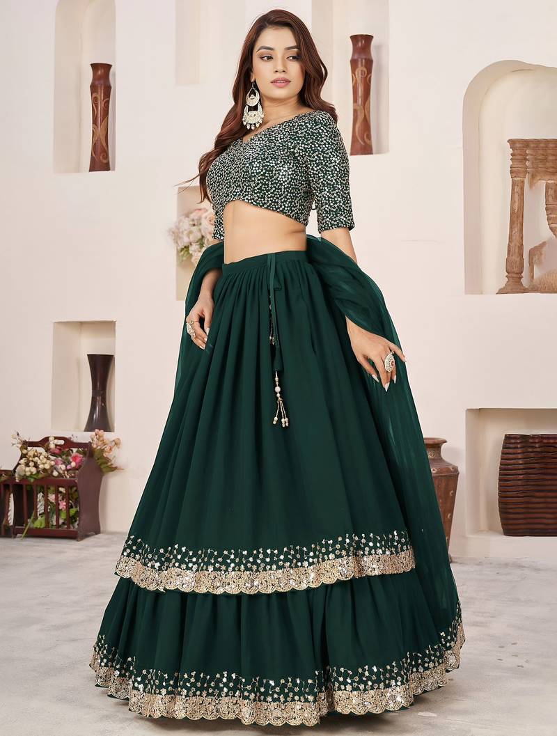 green georgette embroidered lehenga choli