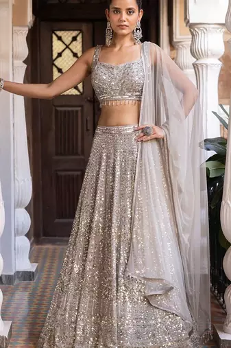 beige silk blend embroidered lehenga choli