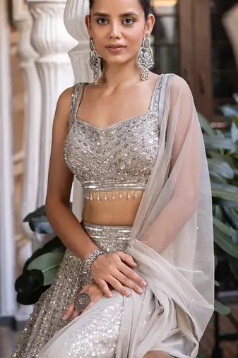 beige silk blend embroidered lehenga choli